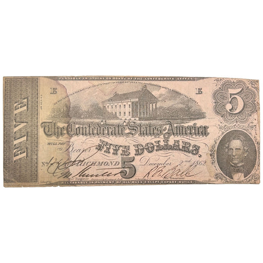 Rare 2nd Series 1862 Confederate States Of America $5 Bill - Circulated Banknote