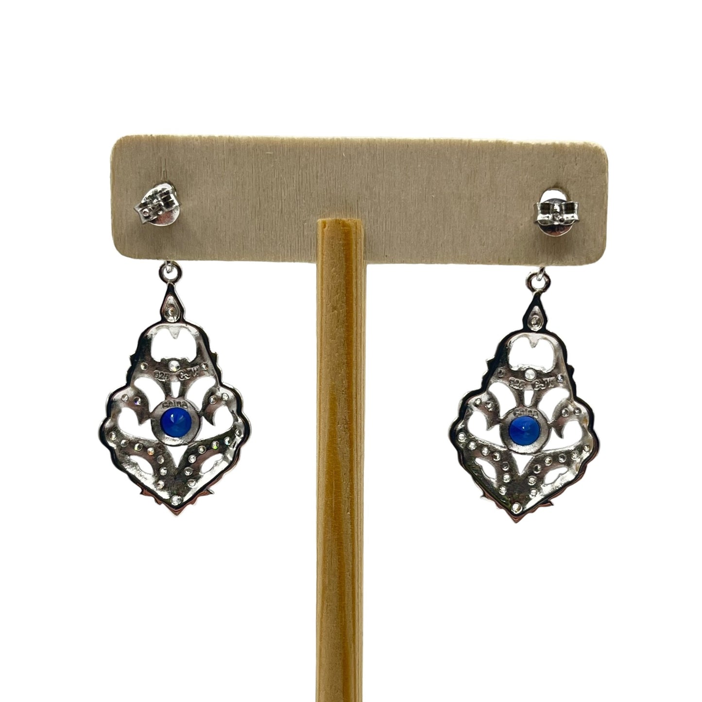 925 Sterling Silver CJW China Drop Dangle Earrings Blue Glass Filigree Ornate