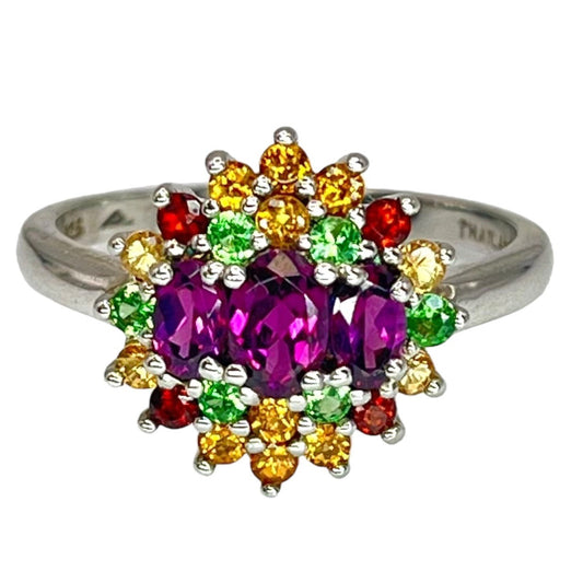 Vintage 925 Sterling Silver Ring Size 10 Floral Burst Garnet Peridot Citrine