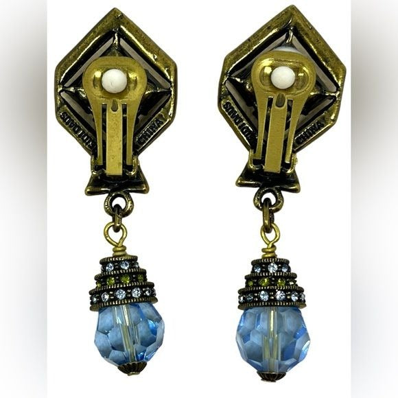 Heidi Daus Rhinestone Blue Glass Drop Dangle Women's Clip on Earrings Colorful