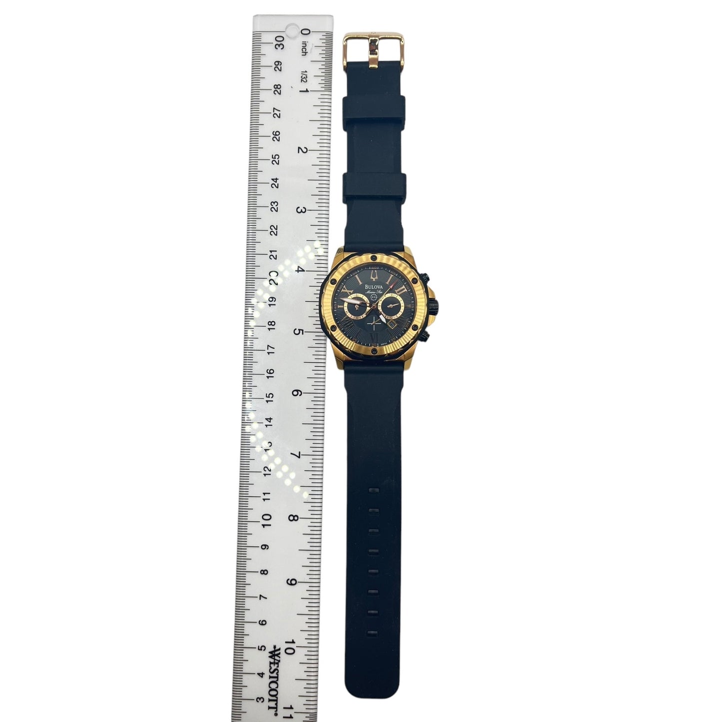 Bulova Men's Watch 96B104 Marine Star Gold Black Dial Black Rubber Strap