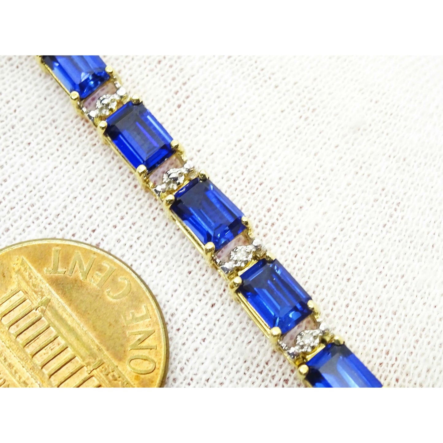 Lab-Created Em-Cut Sapphire & Natural Diamond Accent Tennis Bracelet 10k Gold