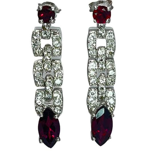 925 Sterling Silver Rhodolite Garnet Dangle Drop Earrings CZ Accents Elegant