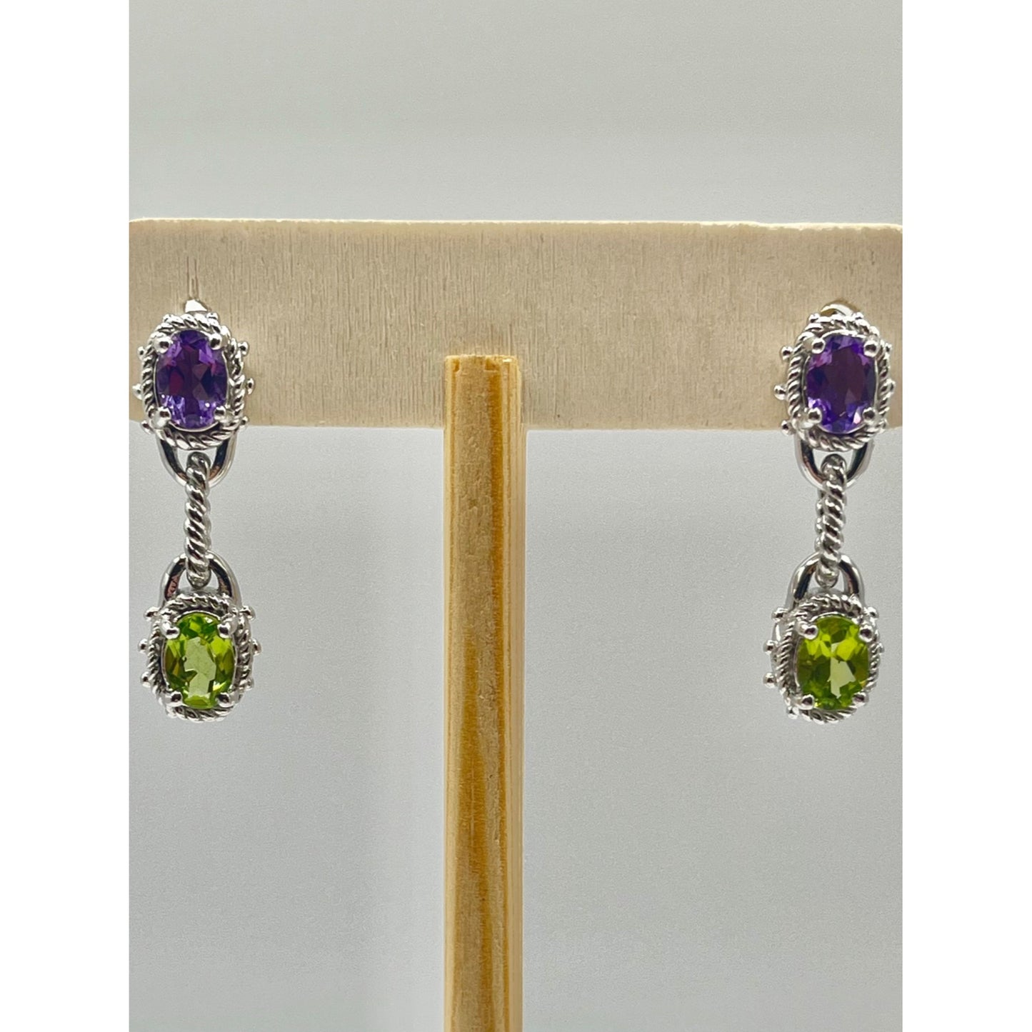 Chapal Zenray Thailand Sterling Silver Peridot Amethyst Dangle Earrings Textured