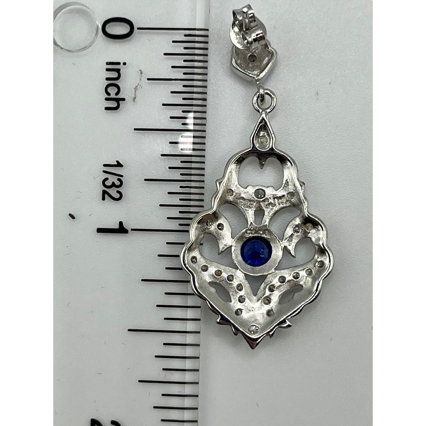 925 Sterling Silver CJW China Drop Dangle Earrings Blue Glass Filigree Ornate