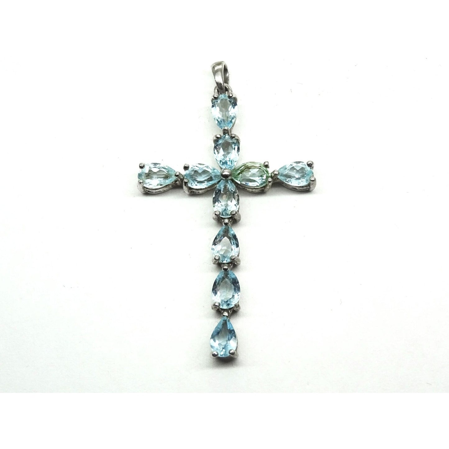 Pear Blue Topaz Cross Pendant Sterling Silver