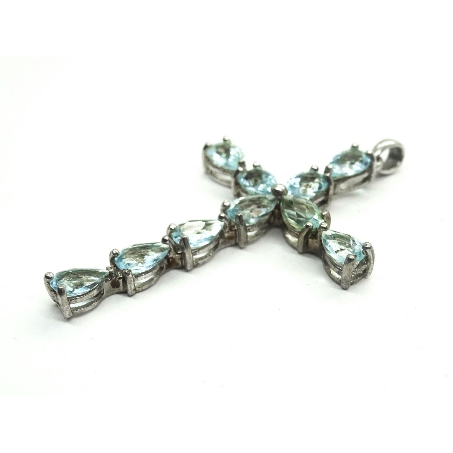 Pear Blue Topaz Cross Pendant Sterling Silver