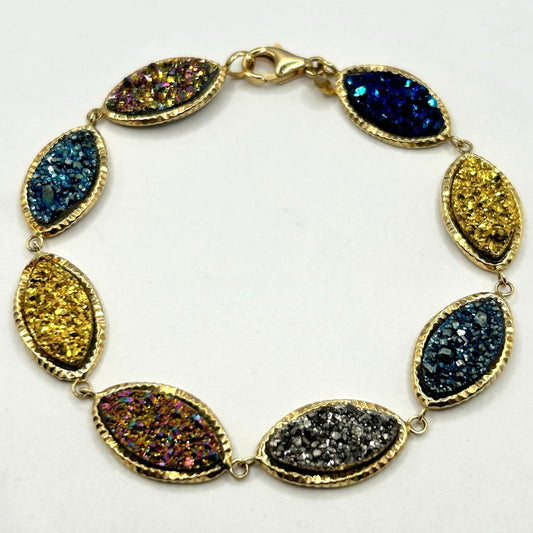 Estate Vintage Milor 14k Yellow Gold Marquise Druzy Link Bracelet Italy 7.5”