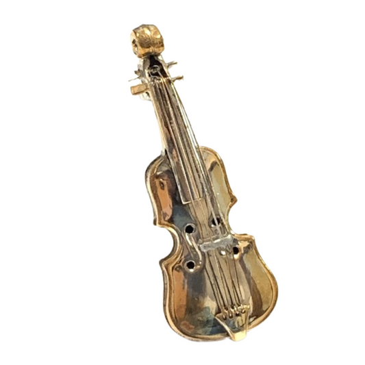 Sterling Vermeil Vintage Violin Fiddle Music Instrument Brooch Pin 4 3D Strings