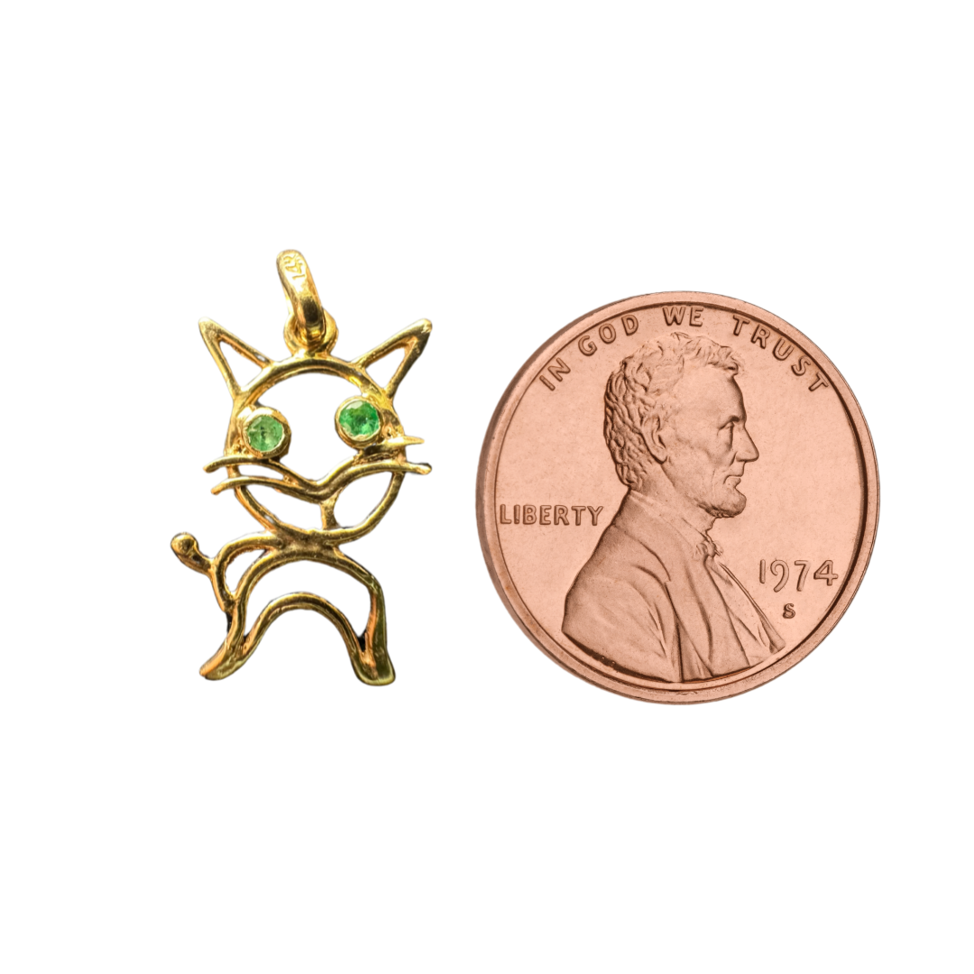 14k Yellow Gold Cat with Green Eyes Charm Pendant