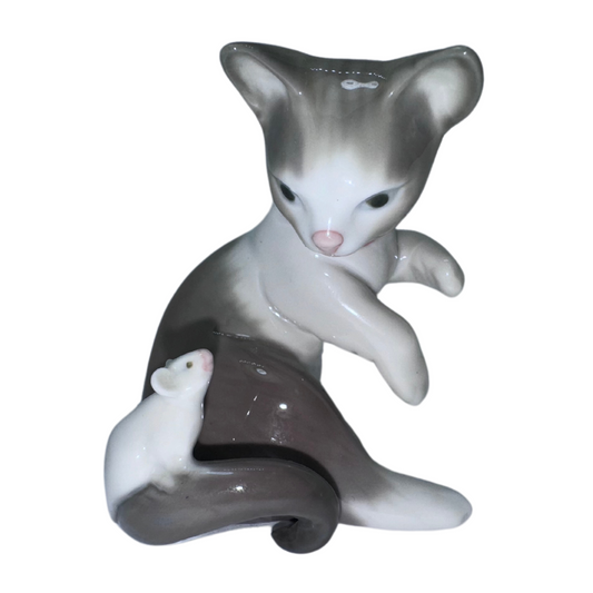 Vintage Cat and Mouse Lladró Porcelain Glossy Figurine Made in Spain