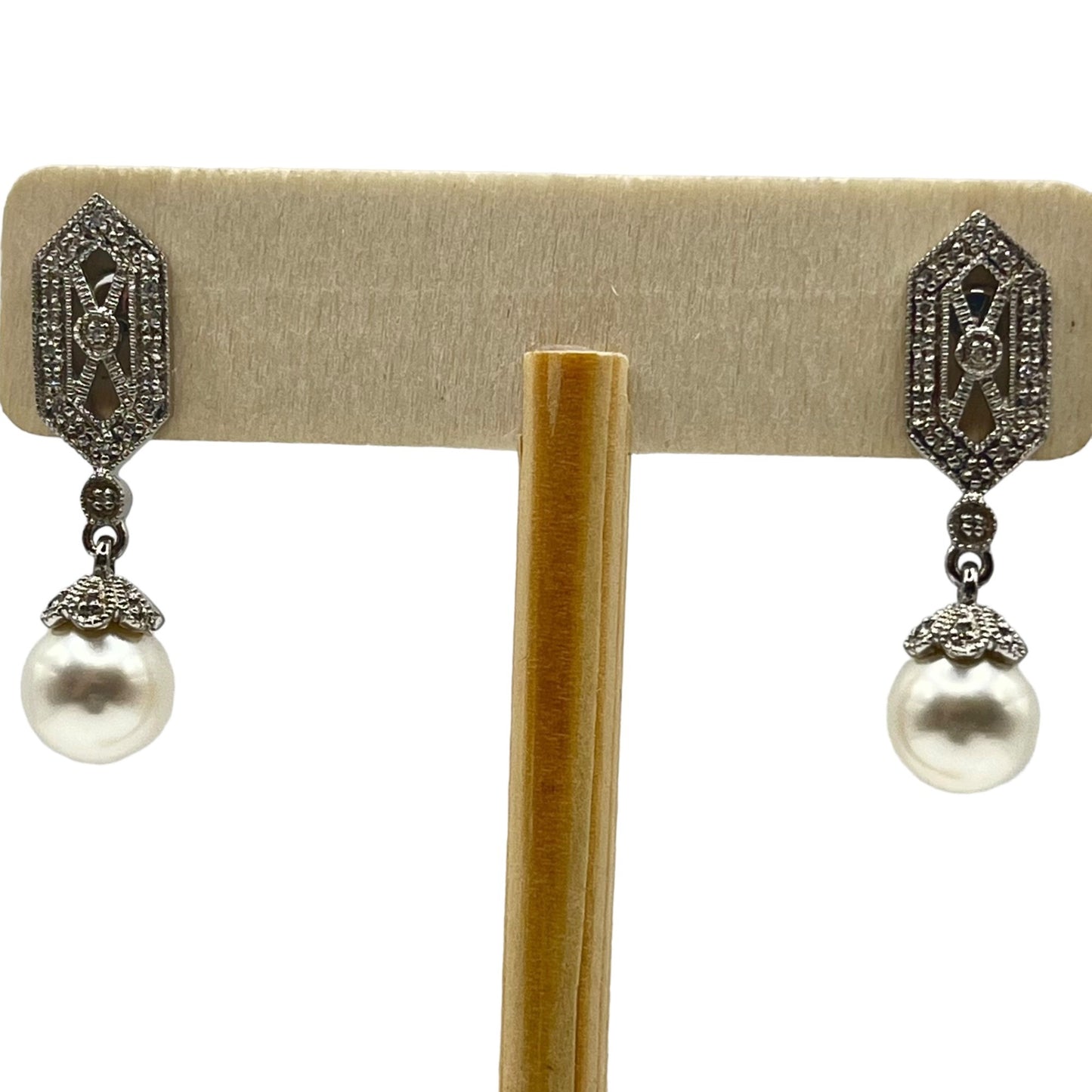 Leslie 925 Sterling Silver Faux White Pearl Drop Dangle Earrings Filigree CZ