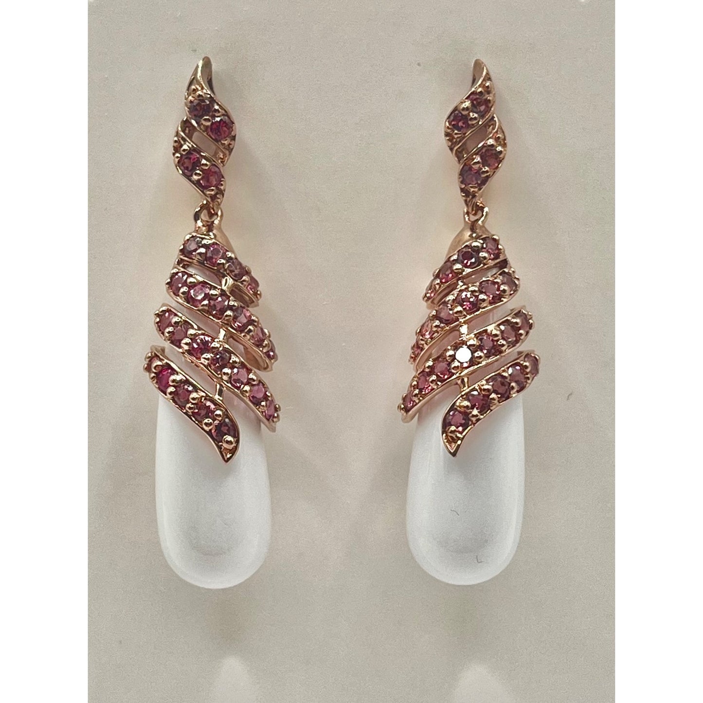 925 Silver Rose Gold Pink Pave Stones White Bead Drop Dangle Earrings Statement