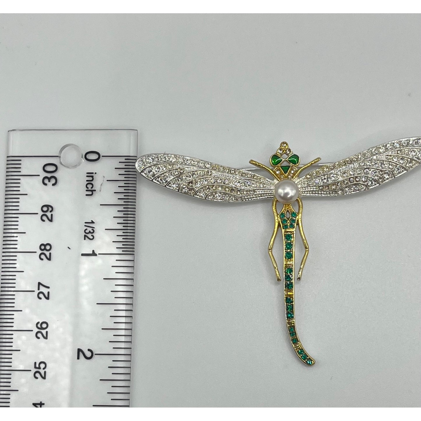 MMA Museum of Modern Art Gold Tone Dragonfly Brooch Pearl Rhinestones Green