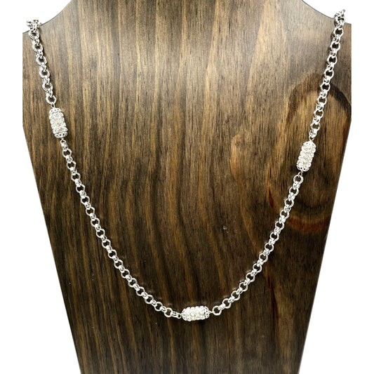 St. John Silver Tone Necklace Crystal Pave Beads Long Chained Statement