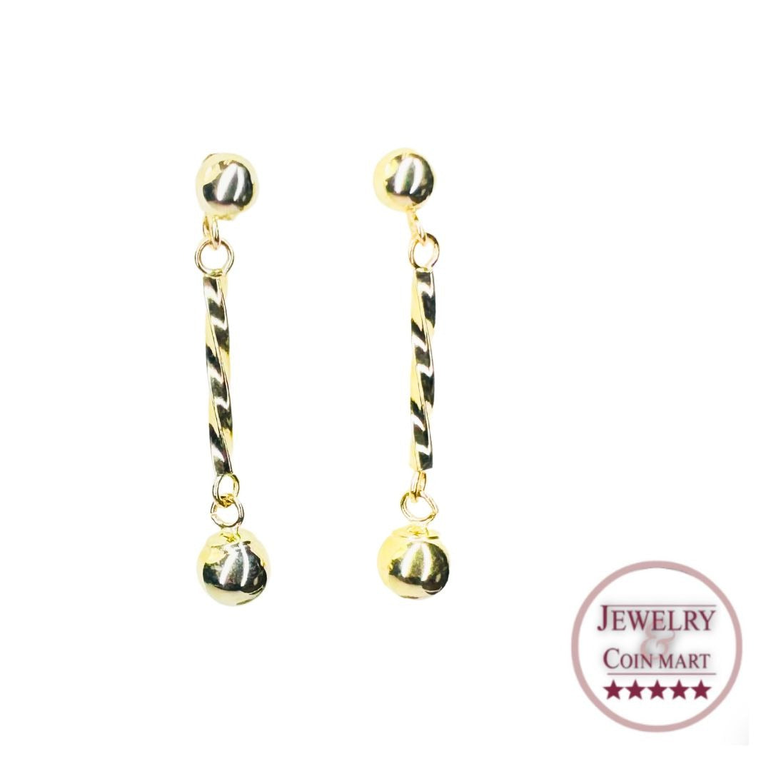 14k Gold Twisted Bar Drop Ball Drop Dangle Earrings