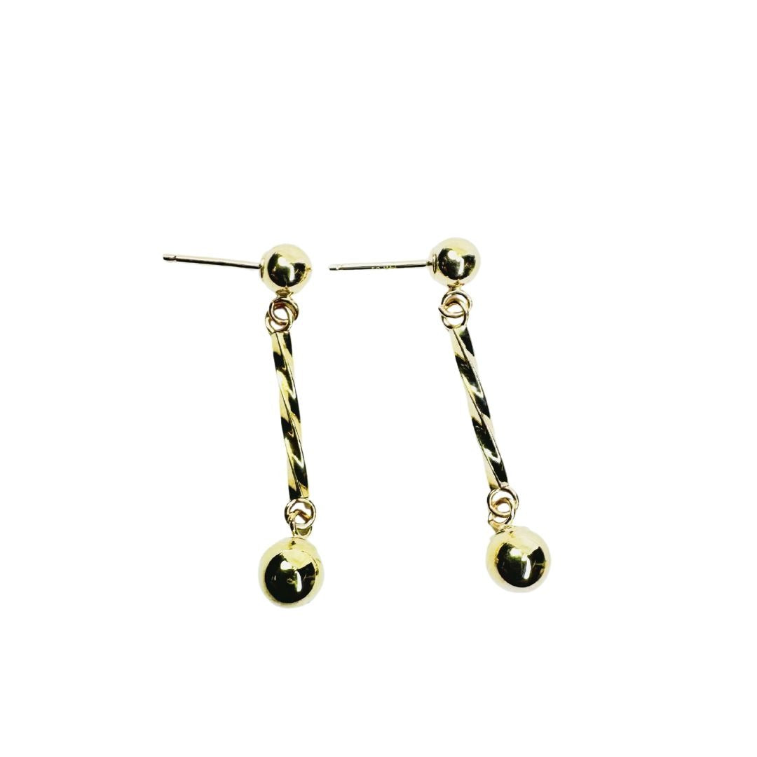 14k Gold Twisted Bar Drop Ball Drop Dangle Earrings