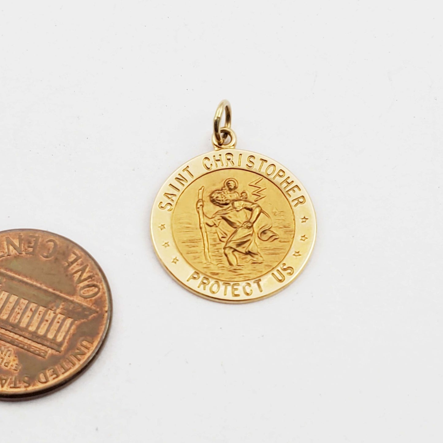 Rand & Paseka "Saint Christopher Protect Us" Round Medal Charm Pendant 14k Gold
