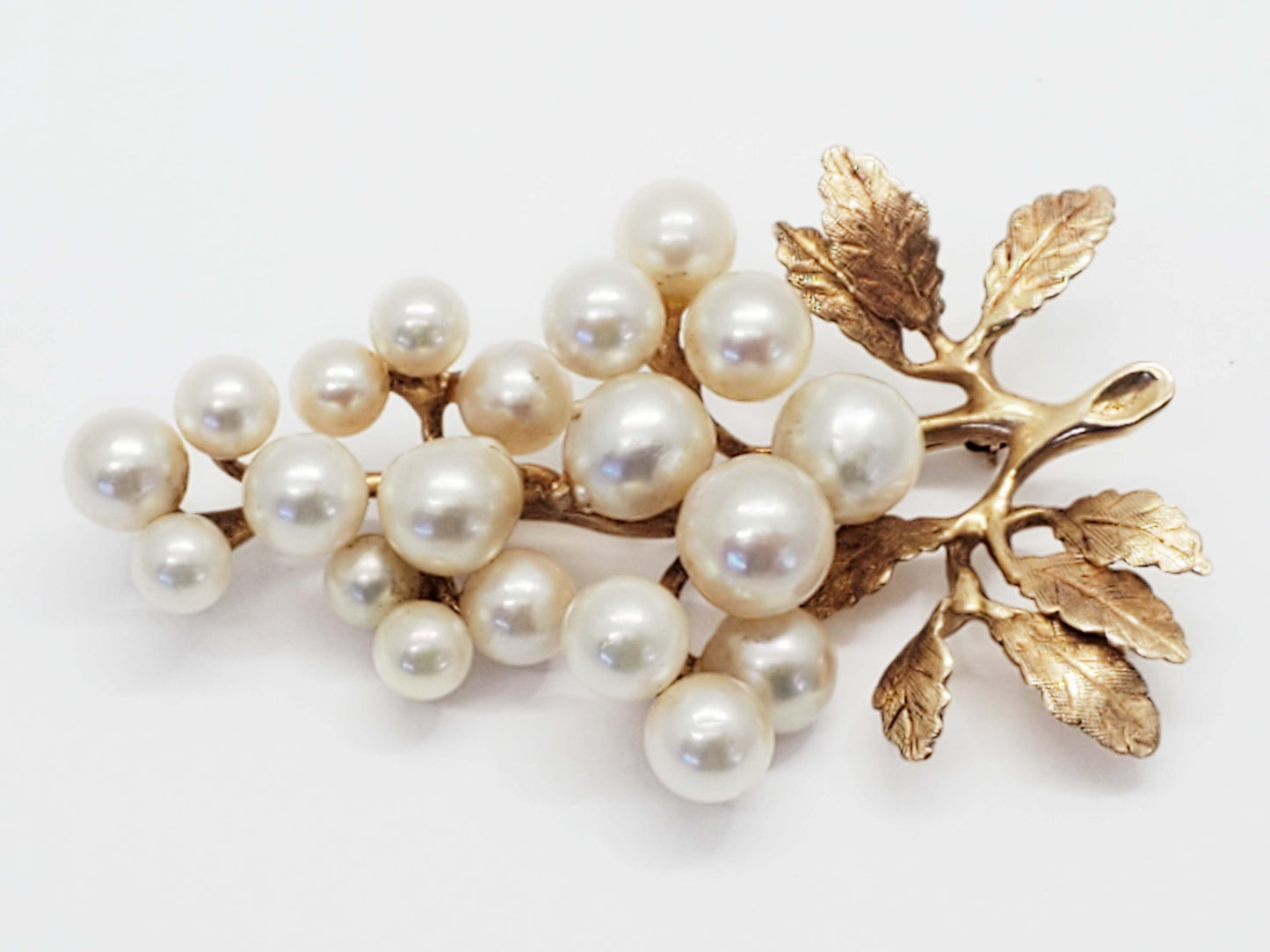 Imperial IPS Akoya Pearl Leaf Branch Brooch Pin 14k Gold
