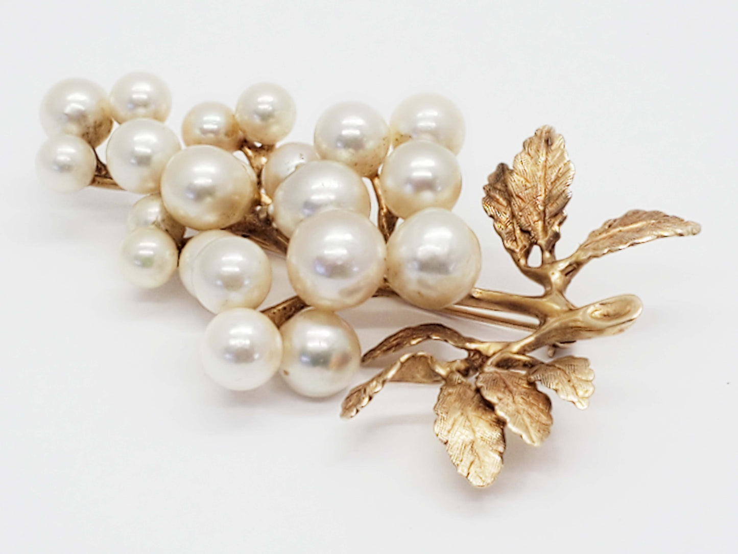 Imperial IPS Akoya Pearl Leaf Branch Brooch Pin 14k Gold
