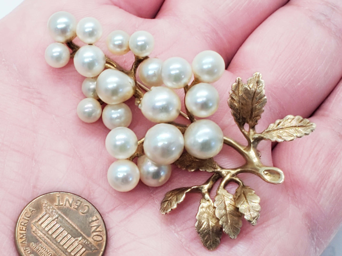 Imperial IPS Akoya Pearl Leaf Branch Brooch Pin 14k Gold