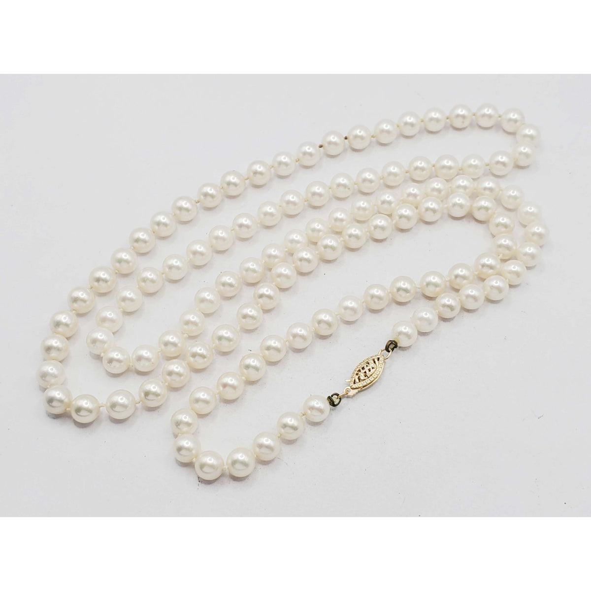 Vintage 6mm Round Cultured Pearl Bead Necklace 14k Gold Clasp 30" Opera Length