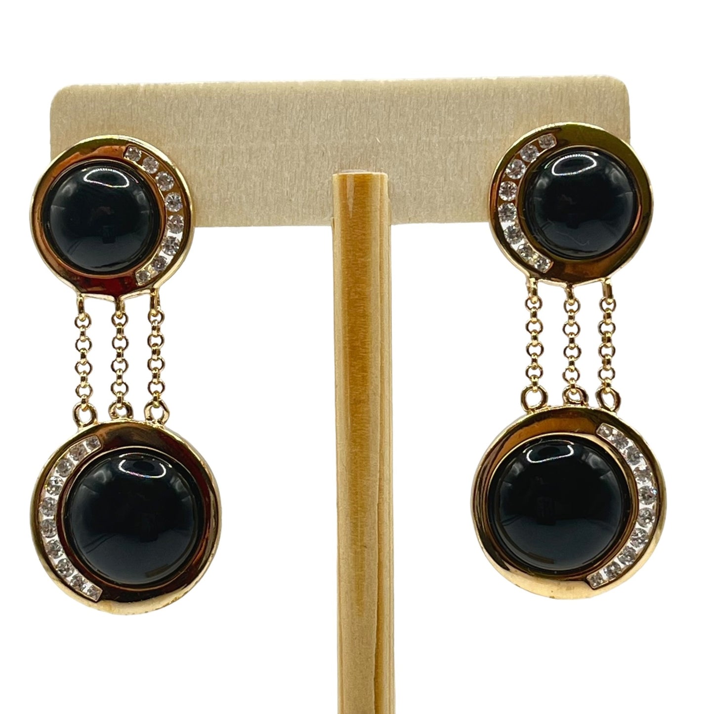 Ross Simons 925 Silver Gold Vermeil Black Onyx Rhinestones Dangle Drop Earrings