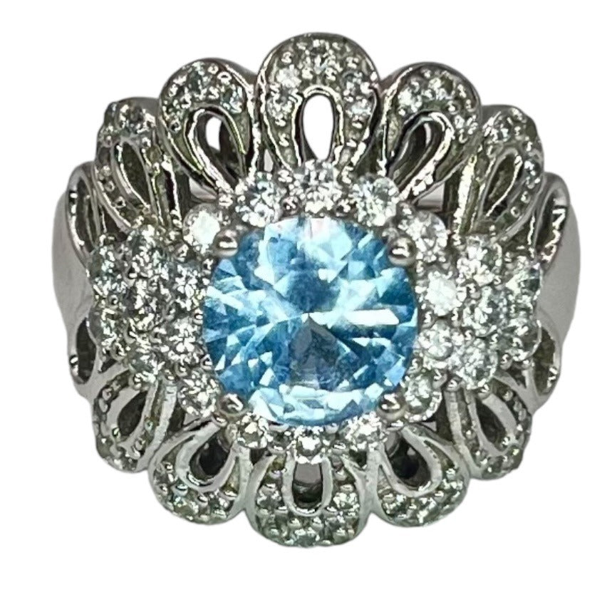 925 Sterling Silver Blue White CZ Accent Filigree Large Cocktail Ring Size 7.75