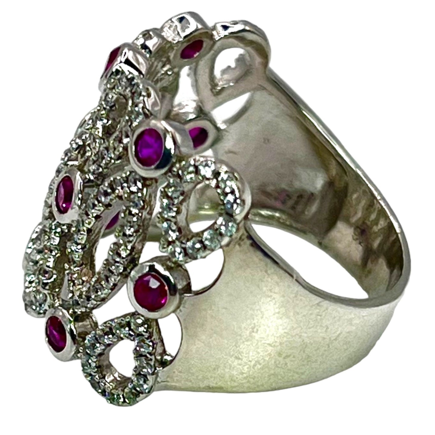 925 Sterling Silver Pink Tourmaline CZ Filigree Statement Size 6.75 Ring