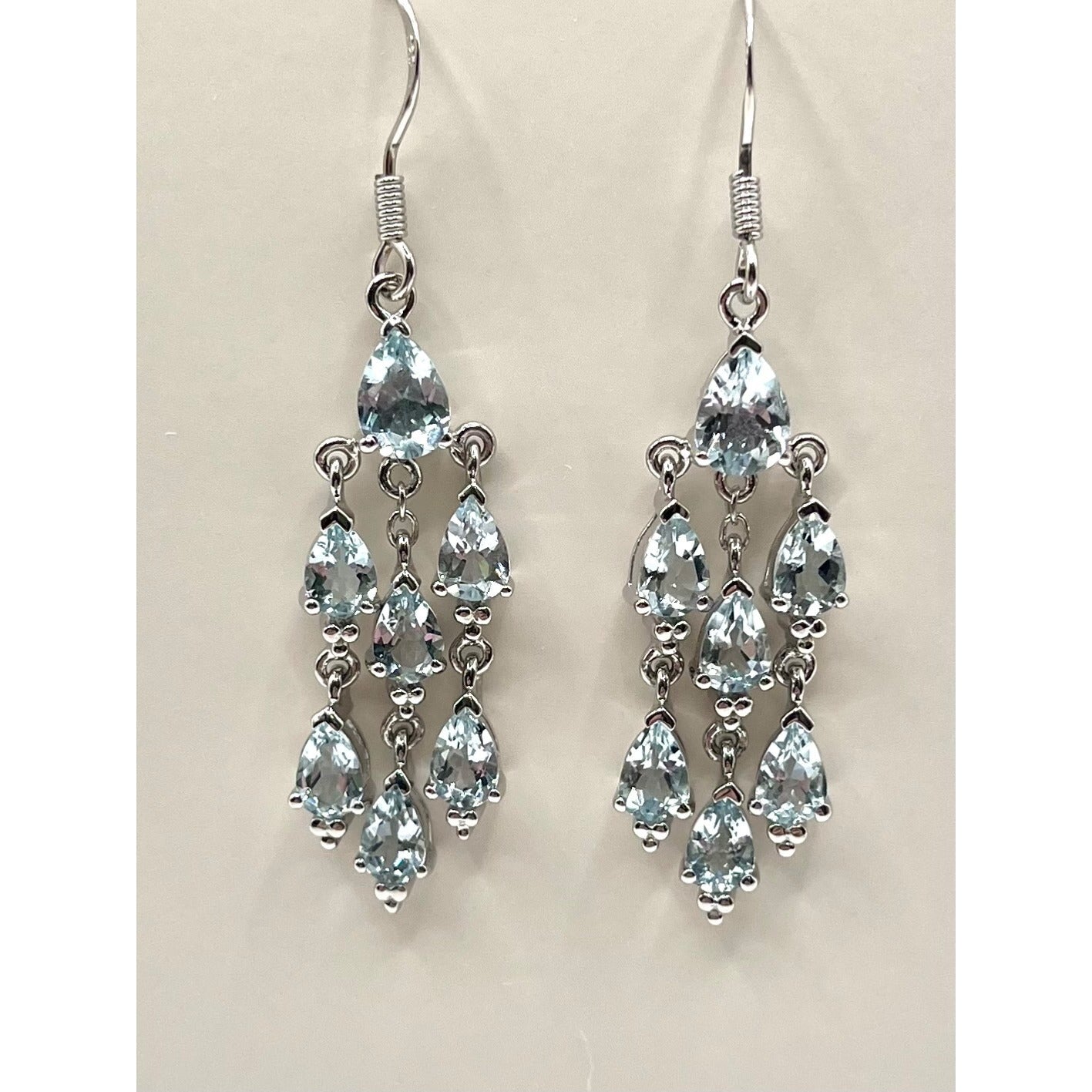 925 Sterling Silver Filigree Lab Aquamarine Blue Chandlier Dangle Drop Earrings