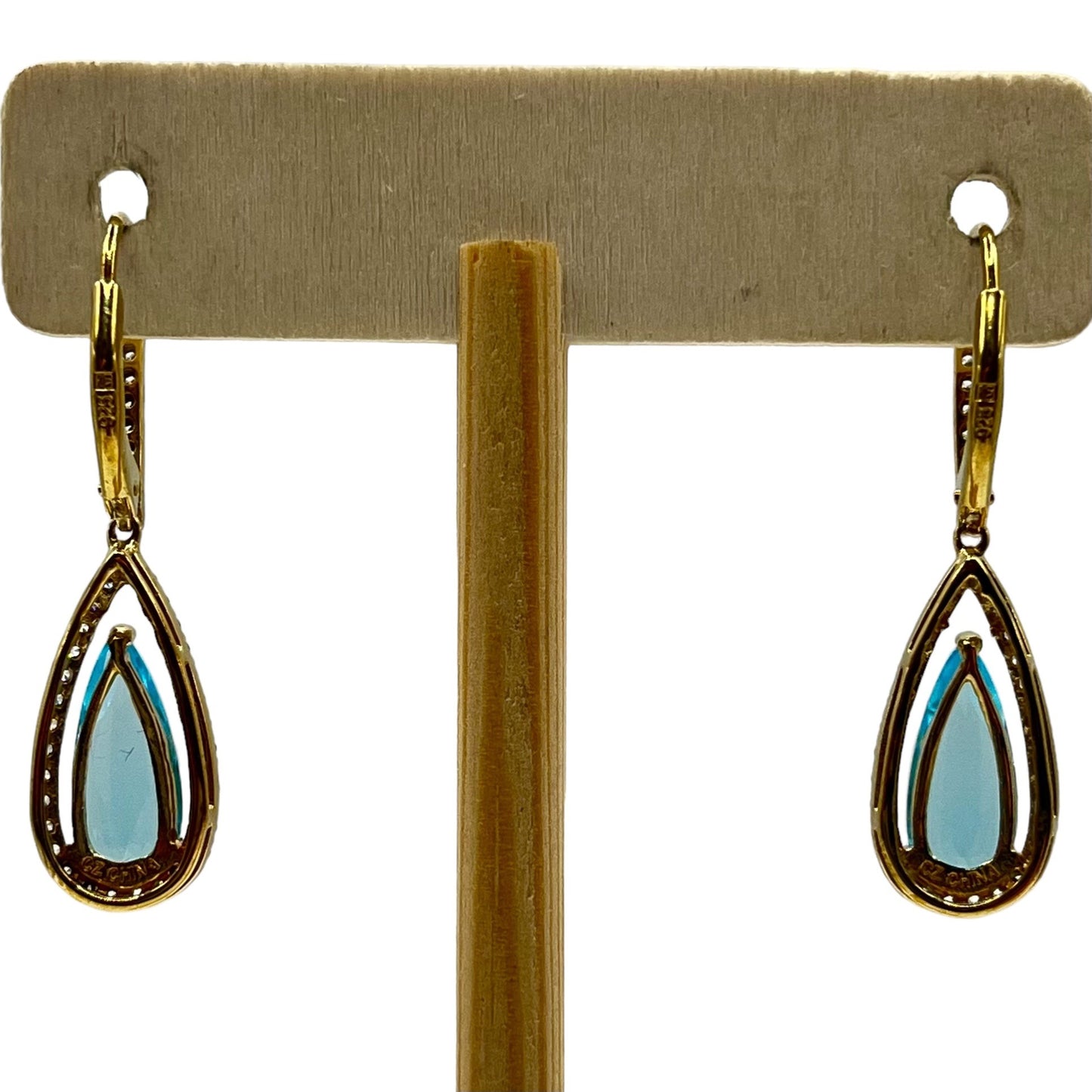 925 Sterling Silver Gold Layered Blue Topaz Dangle Drop Earrings CZ Accents