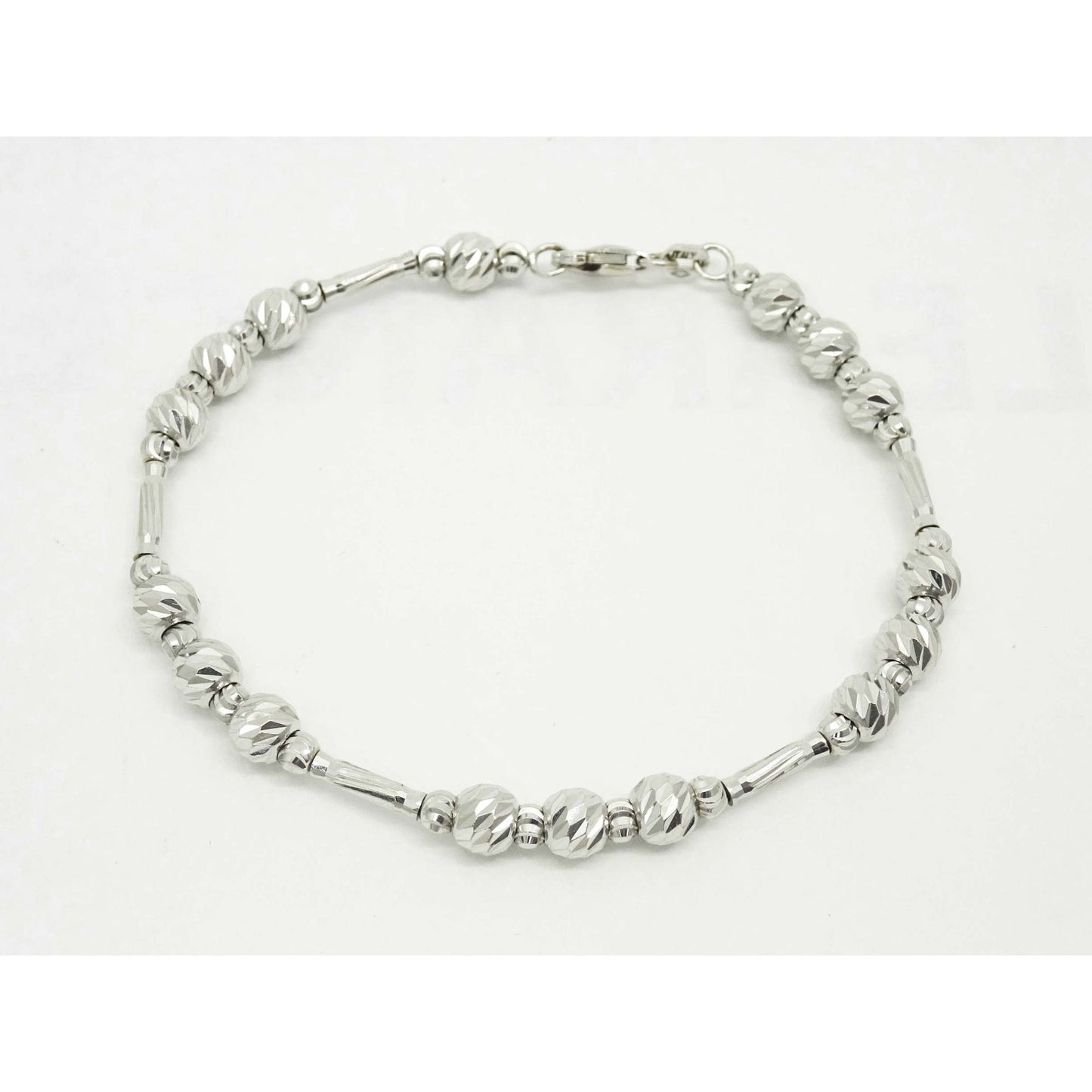 Dia-Cut Design Floating Round & Tube Bead Bracelet 18k White Gold