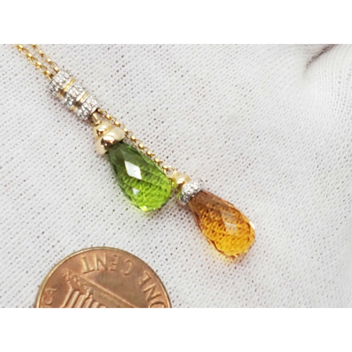 Natural Peridot & Citrine Briolette Dangle Diamond Accent Chain Necklace 14k Gold