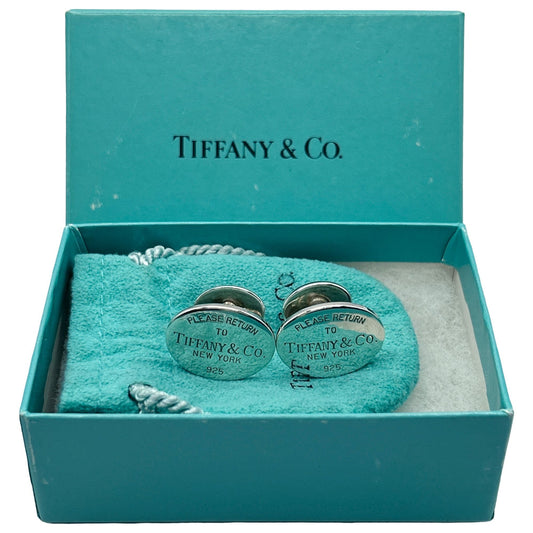 Tiffany & Co. Please Return To Oval Cufflinks Sterling Silver 925 + Pouch & Box