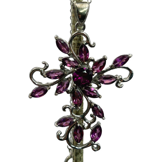BBJ .925 Sterling Silver Raspberry Rhodolite Cross Pendant 18.5” Necklace