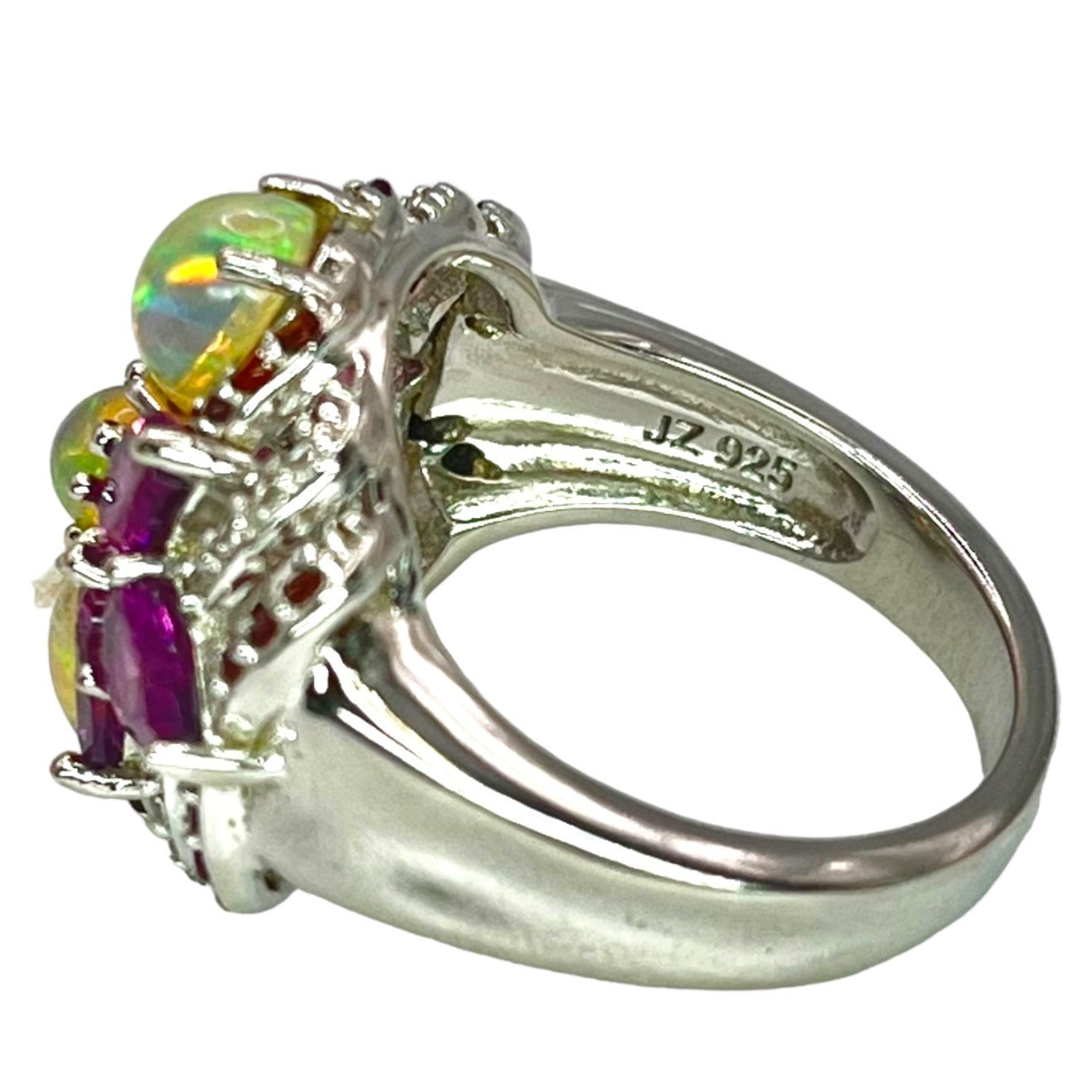 925 Sterling Silver Opal Garnet Topaz Size 8 Ring Cocktail Statement Colorful