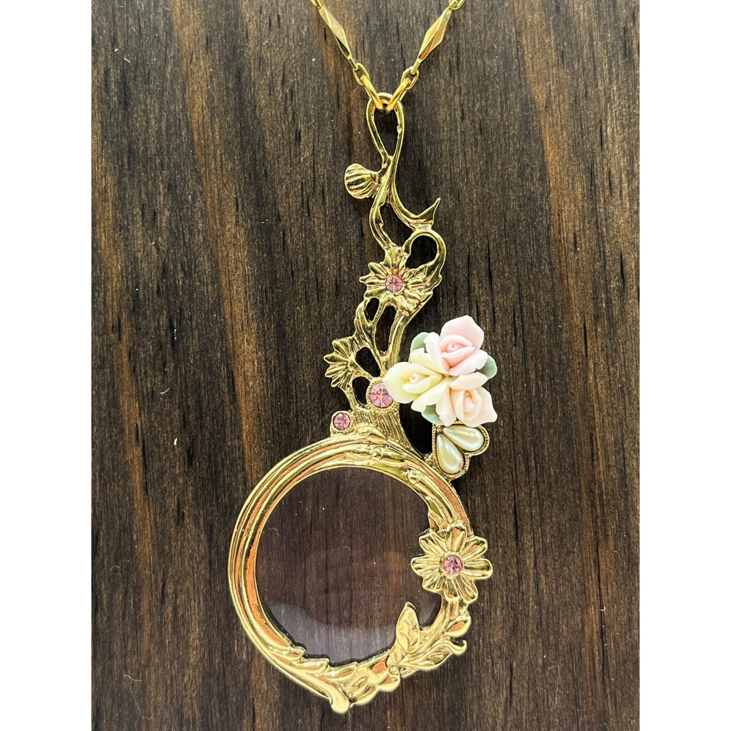 Vintage Victorian Style Gold Tone Magnifying Glass Pendant Floral Rhinestones