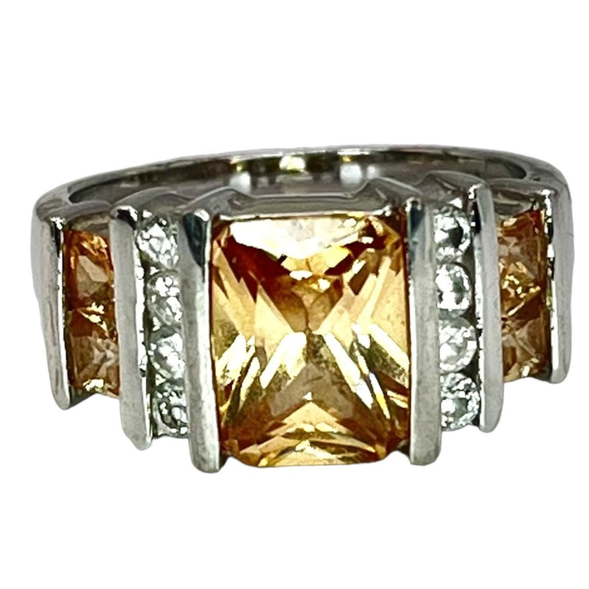 925 Sterling Silver Emerald Cut Citrine CZ Accent Gemstone Ring Size 7 Cocktail