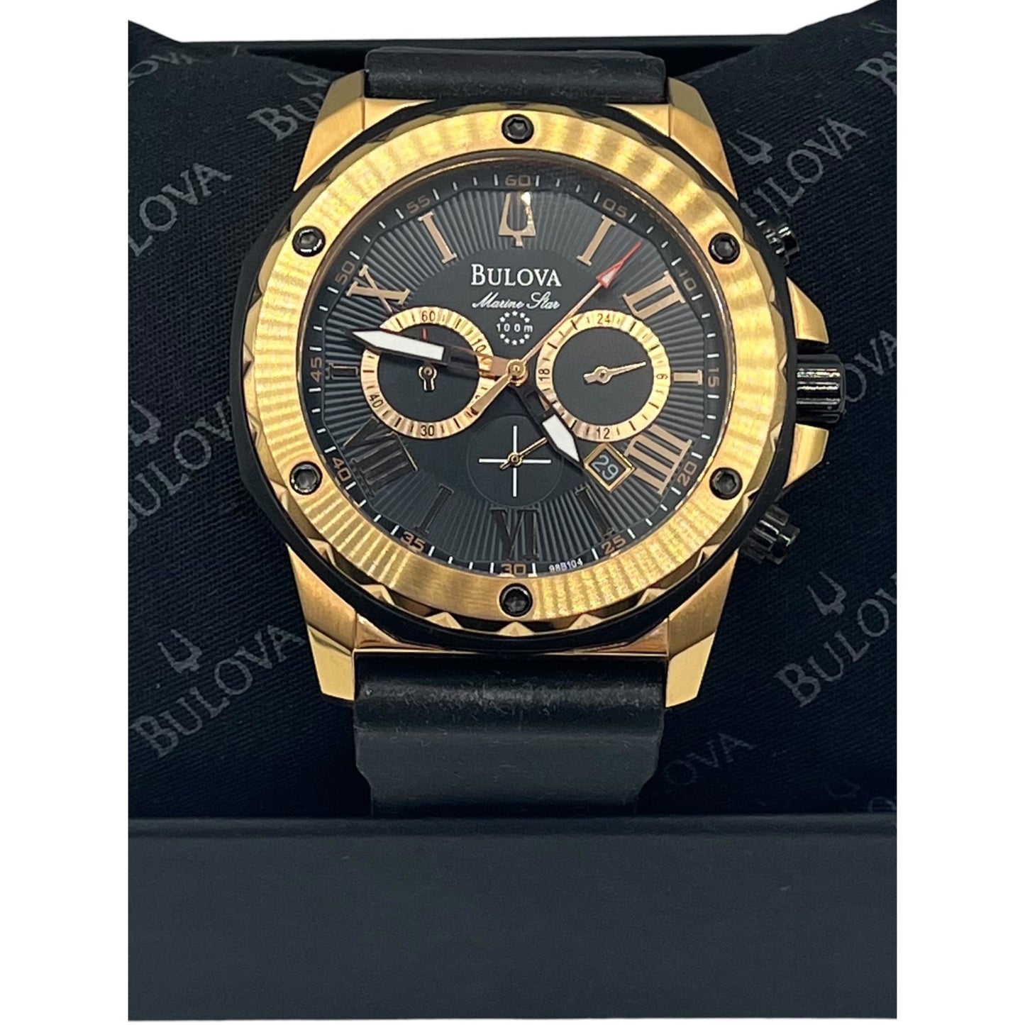 Bulova Men's Watch 96B104 Marine Star Gold Black Dial Black Rubber Strap