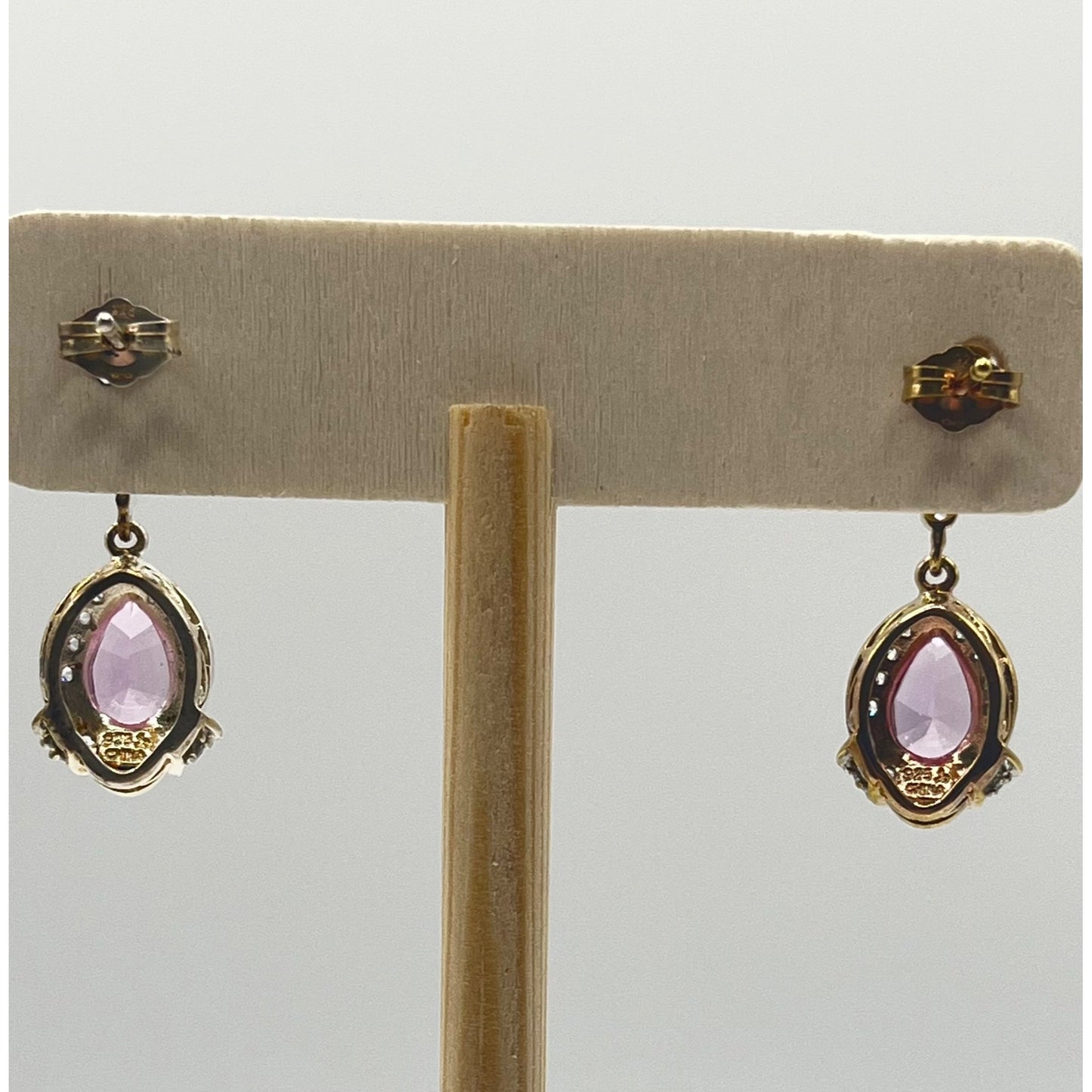 Veronica Wieck 925 Sterling Silver Pink Sapphire CZ Dangle Earrings Two Tone