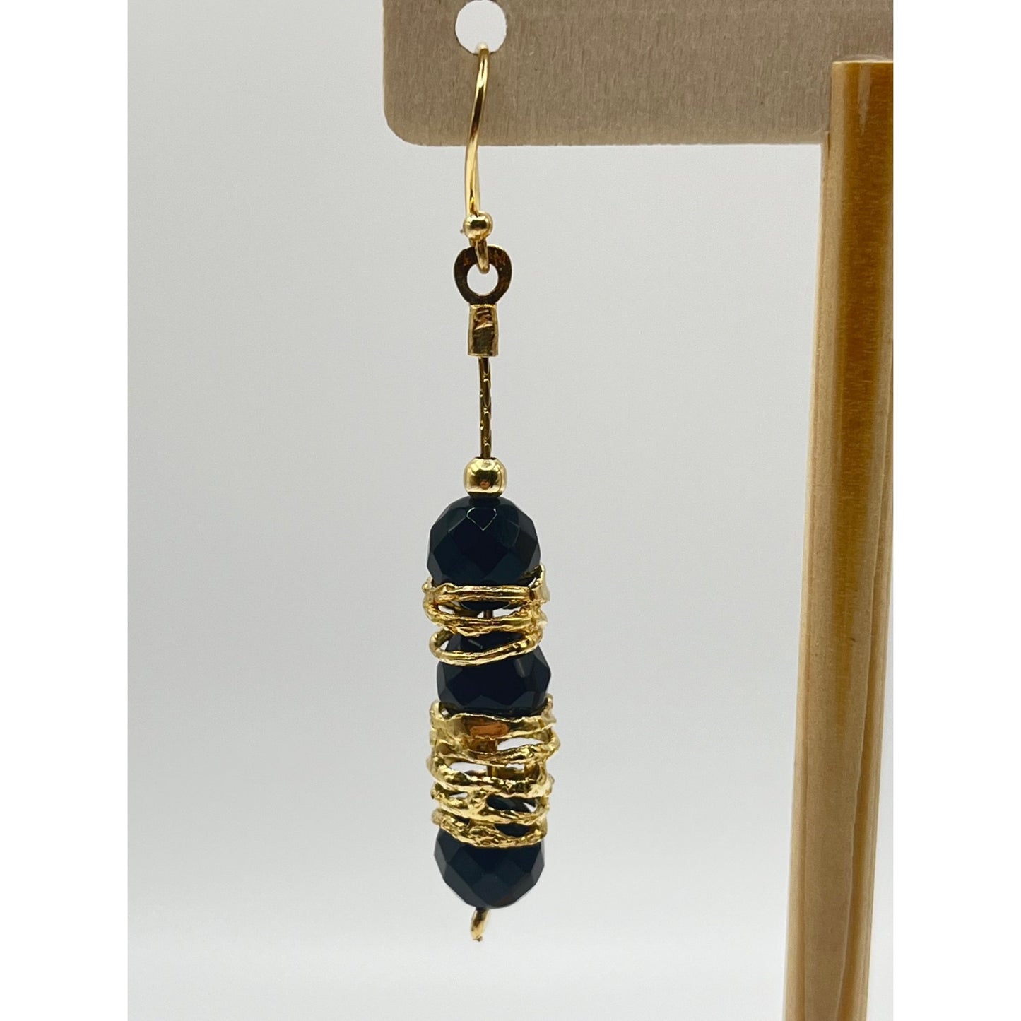 925 Sterling Silver Gold Layered Black Beaded Gold Wrap Dangle Earrings Formal