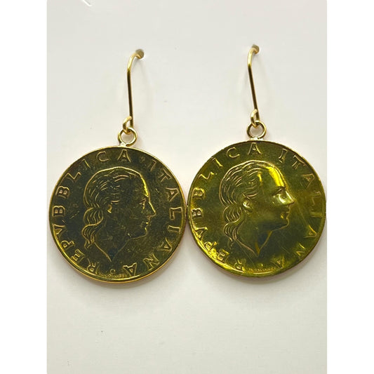 Milor Italy Sterling Gold Vermeil and 18k Gold Hooks Lire Coin Dangle Earrings