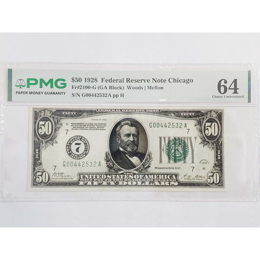 1928 $50 Federal Reserve Note Chicago #G00442532A PMG 64 Choice Uncirculated