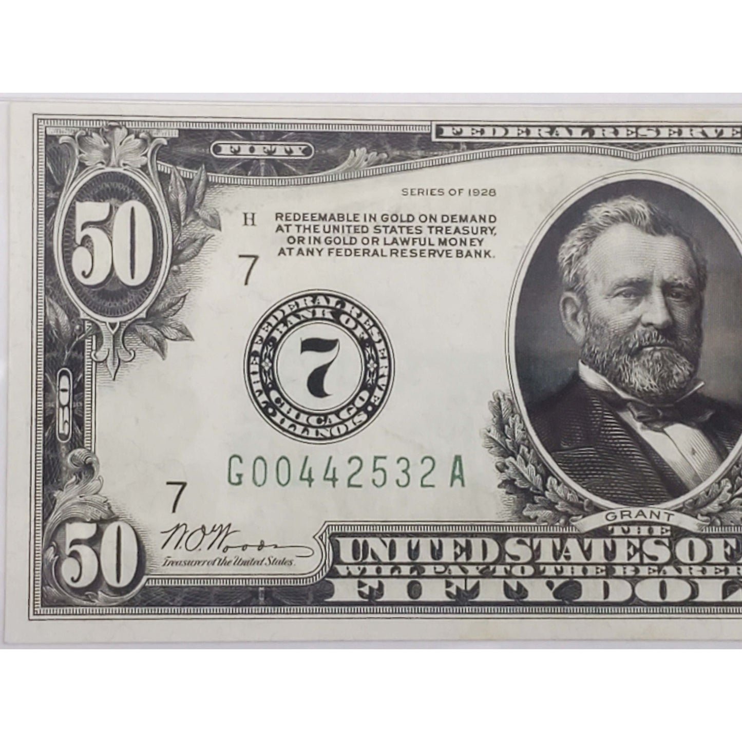 1928 $50 Federal Reserve Note Chicago #G00442532A PMG 64 Choice Uncirculated