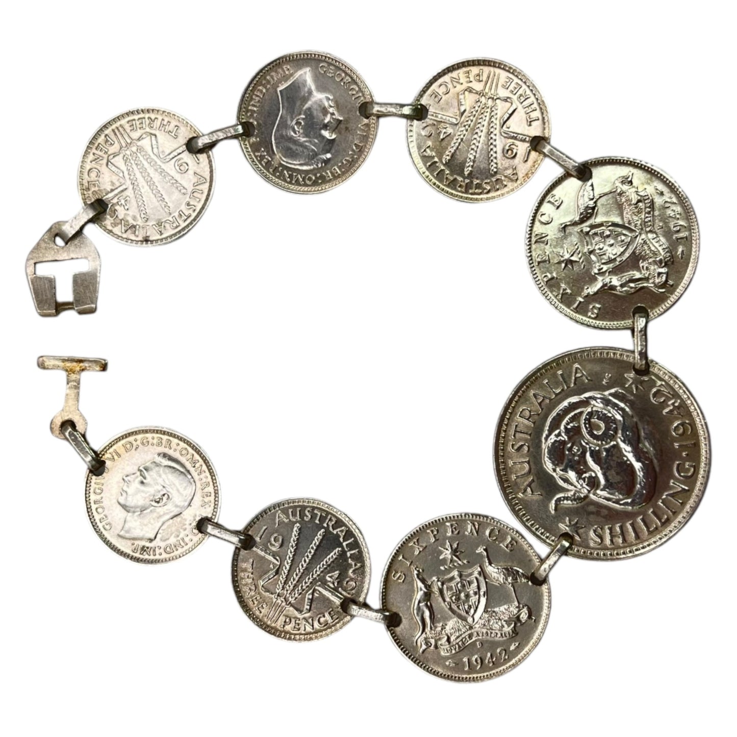 Vtg 1942-1943 Great Britain Australia 3 Pence 6 Pence Coin Bracelet Silver