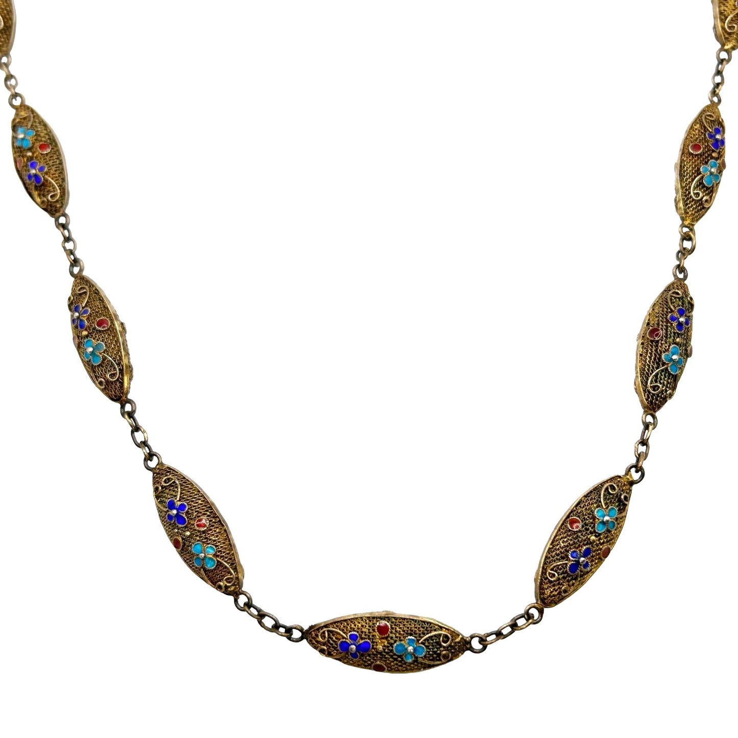 Vintage Chinese Export Gilt Silver Enamel Cloisonné Filigree  - 26" Necklace