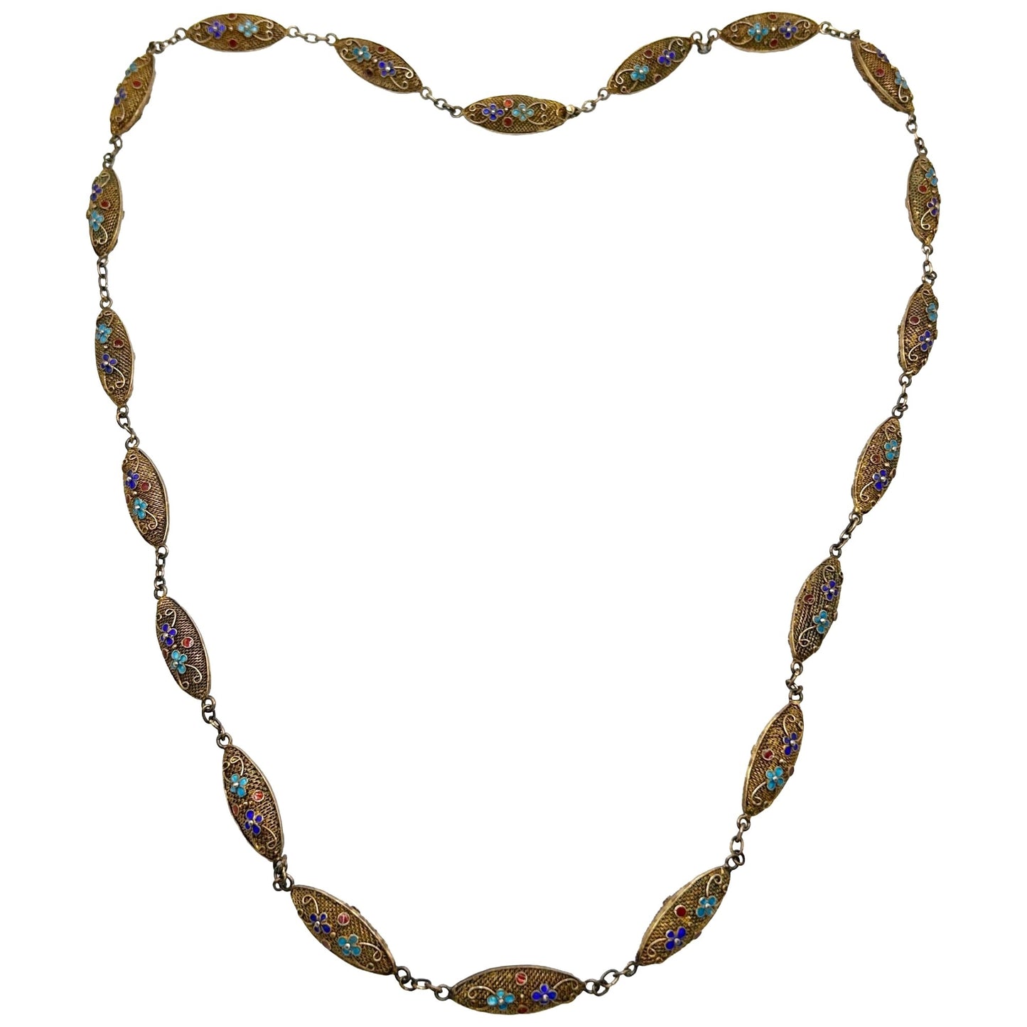 Vintage Chinese Export Gilt Silver Enamel Cloisonné Filigree  - 26" Necklace