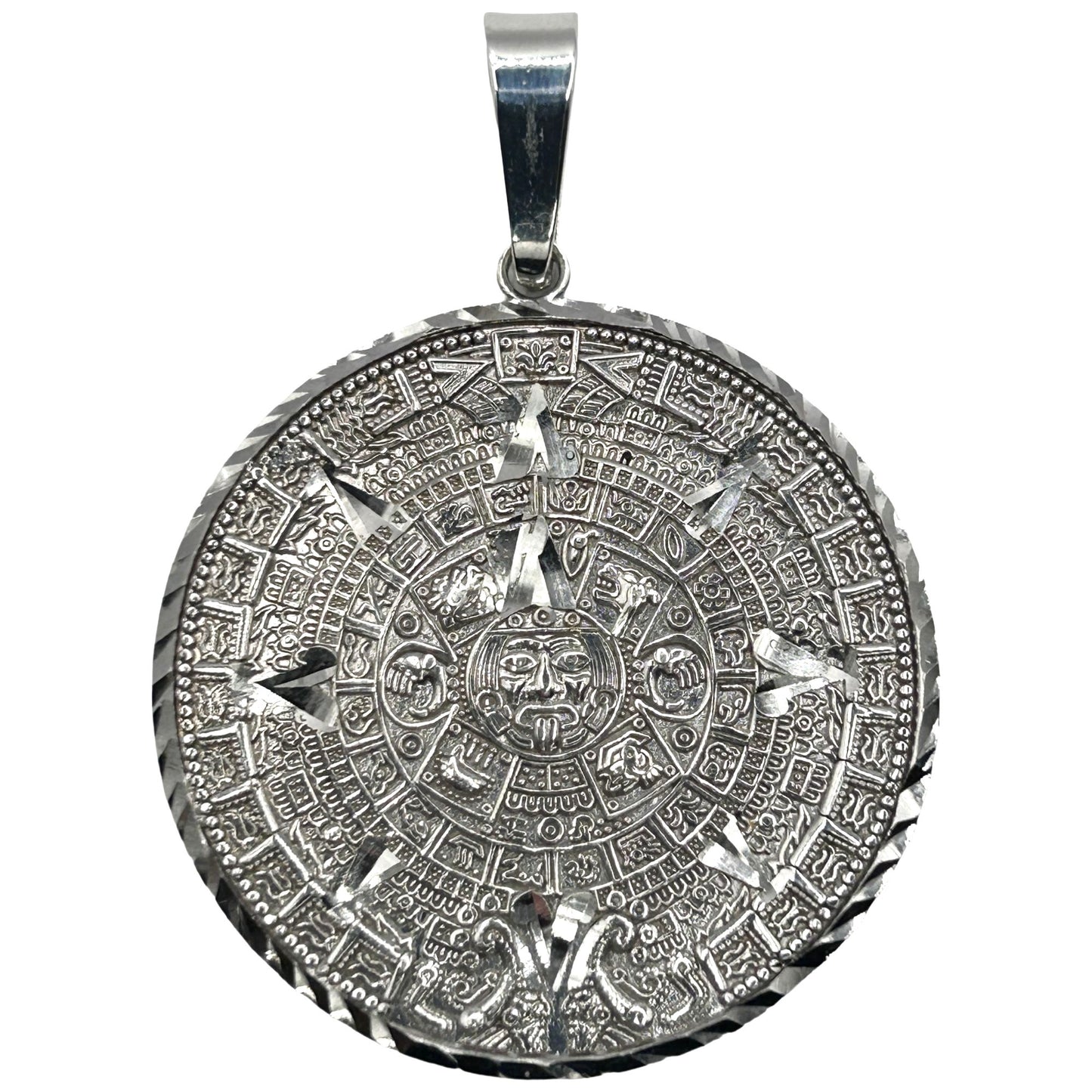 925 Sterling Silver Men Women’s Diamond Cut Aztec Mayan Calendar Medal Pendant