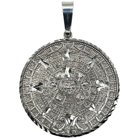 925 Sterling Silver Men Women’s Diamond Cut Aztec Mayan Calendar Medal Pendant
