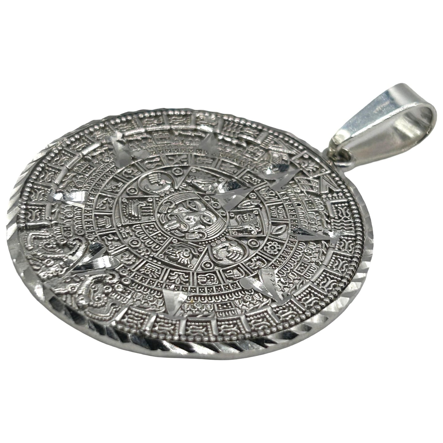 925 Sterling Silver Men Women’s Diamond Cut Aztec Mayan Calendar Medal Pendant